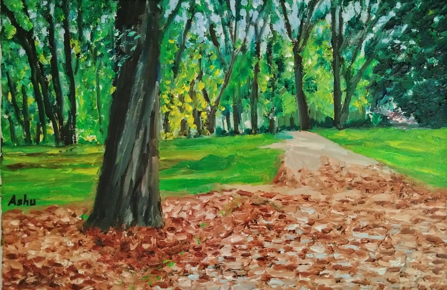 A canvas painting featuring a pathway with dry leaves leading into a forest, with a large tree trunk in the foreground.