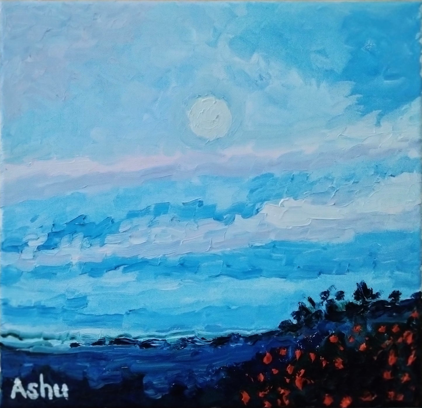 Landscape painting of deep blue early morning sky, well before sunrise with layers of fluffy clouds and the fading full moon still in the sky. A distant view of the farm fields and and up-close view of thick wildflower bushes.