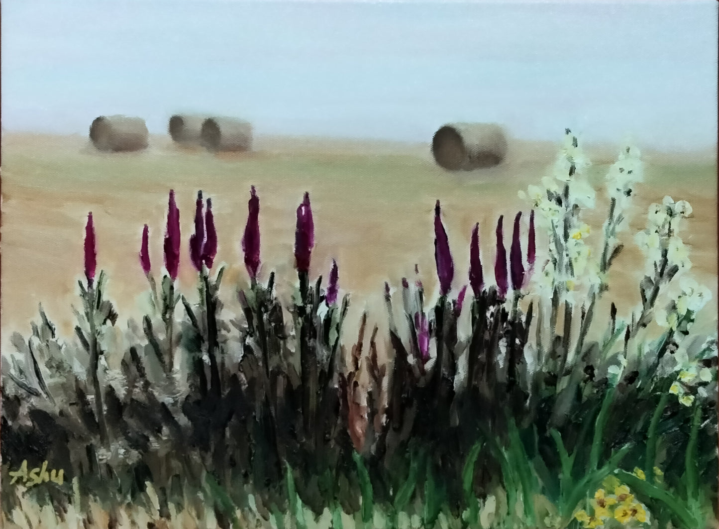 Landscape painting of a field with foxglove flowers and hay bales under a foggy sky