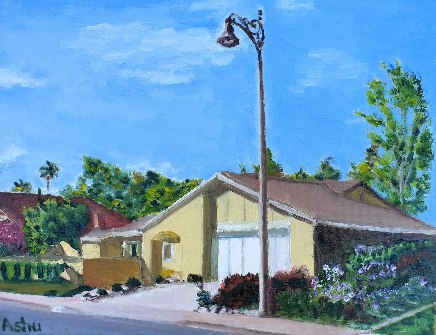 Painting of a single-story southern California house of Spanish architecture with well-manicured front-garden
