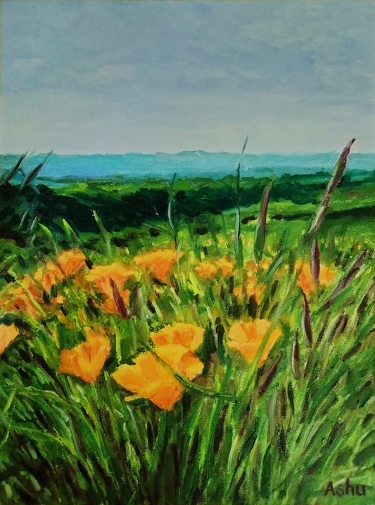 Painting of a vast field of California golden poppies on a cloudy spring day in Northern California