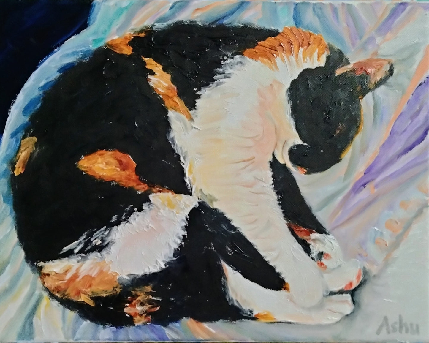Painting of a black, orange and white torbie cat sleeping on a colorful rumpled bedsheet