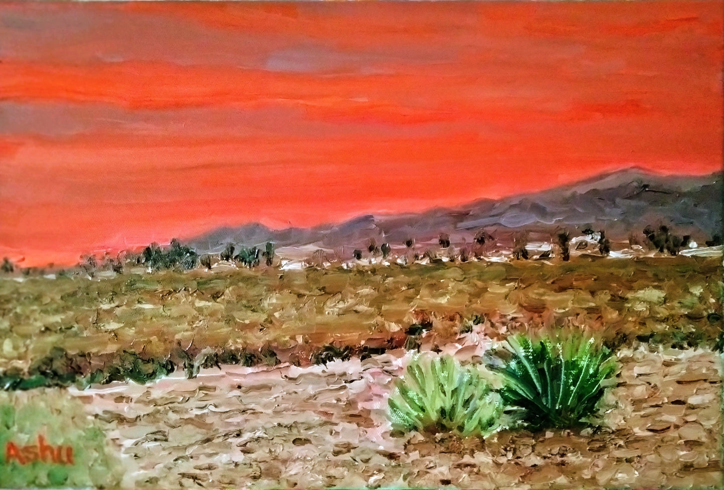 Landscape painting of bright orange sunrise in from the desert of Twentynine Palms, California