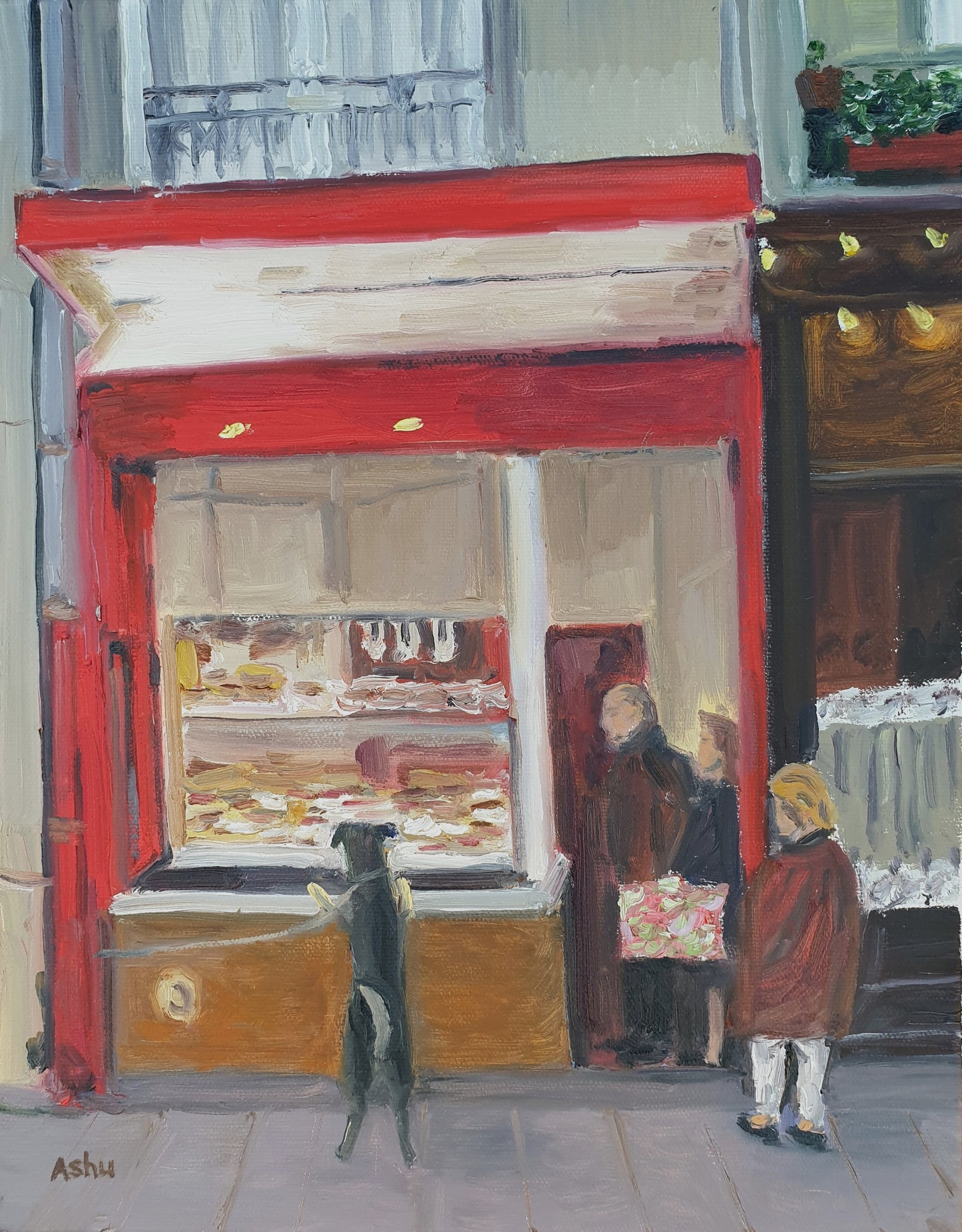 Painting of a Paris evening scene of a dog standing on his hind legs outside a delicatessen storefront at a sidewalk