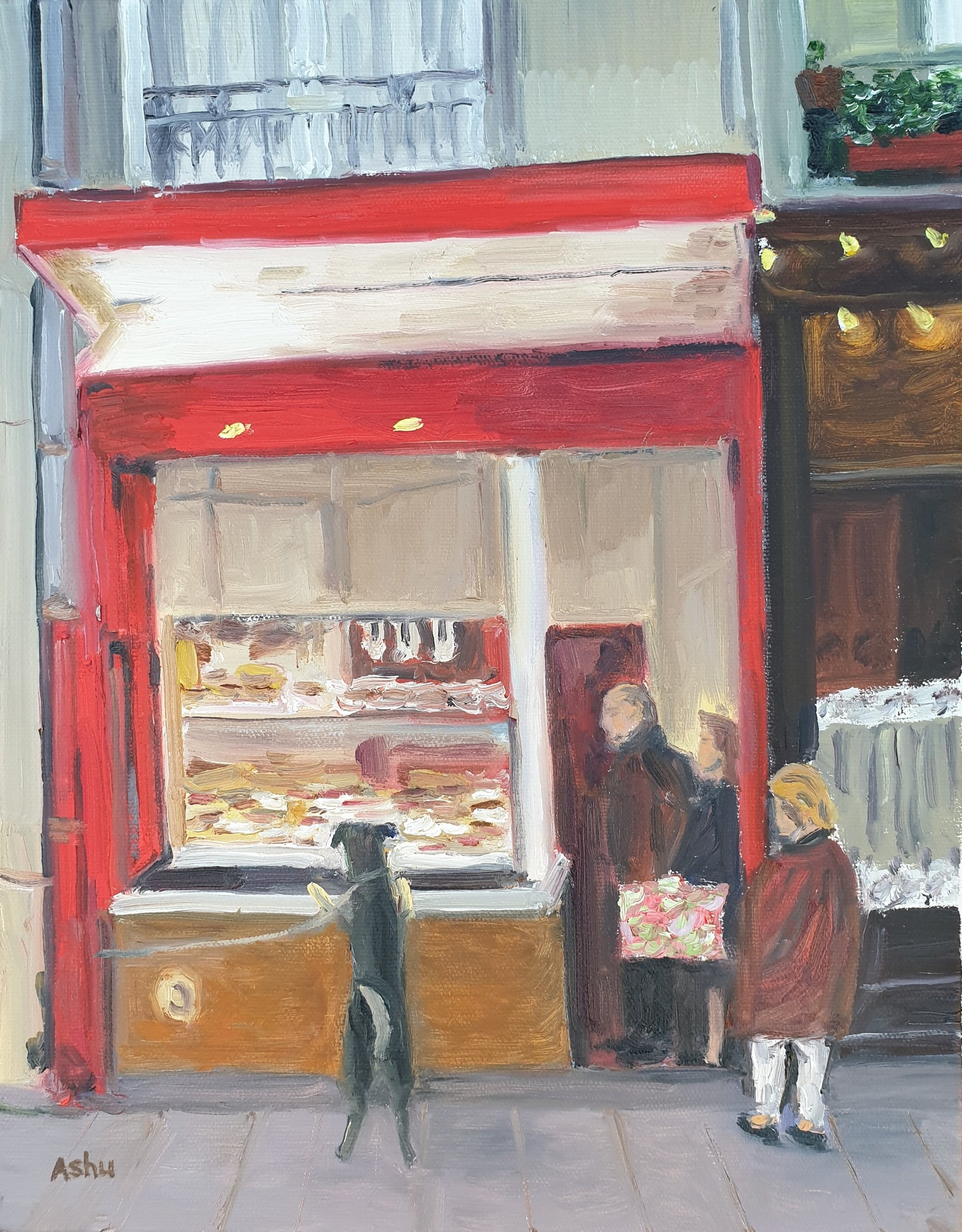 Painting of a Paris evening scene of a dog standing on his hind legs outside a delicatessen storefront at a sidewalk