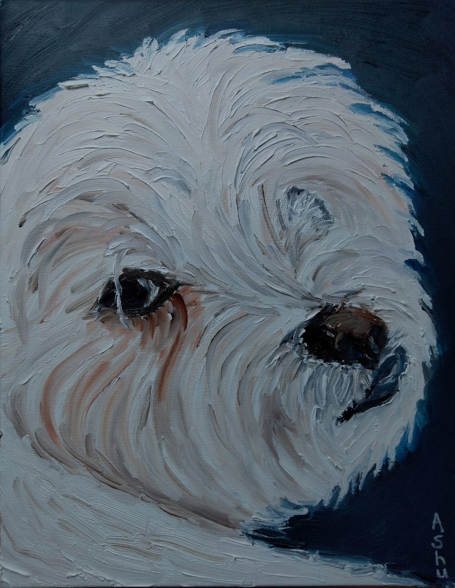 Portrait painting of a Yorkshire Terrier dog giving a puppy-eye look