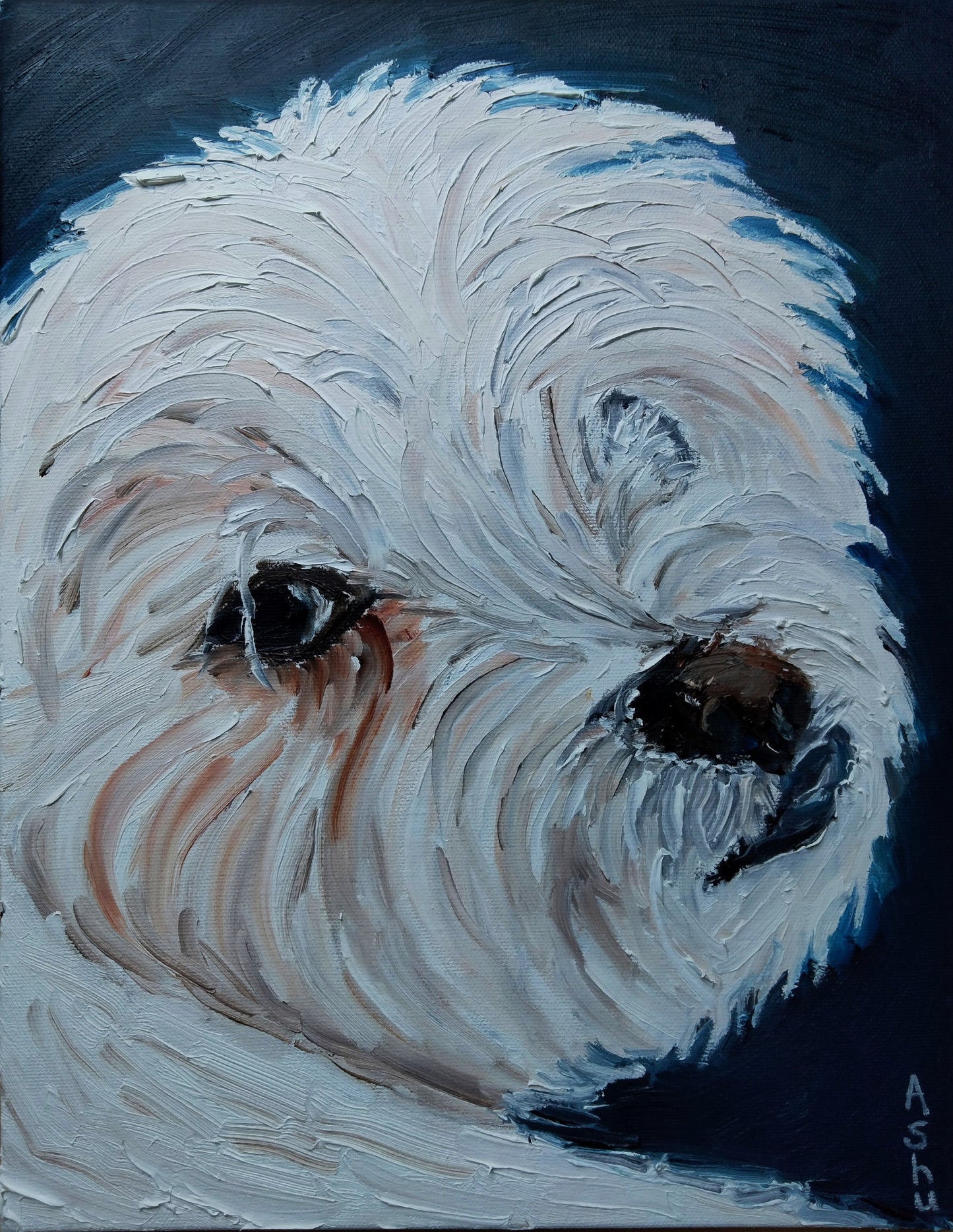 Portrait painting of a Yorkshire Terrier dog giving a puppy-eye look