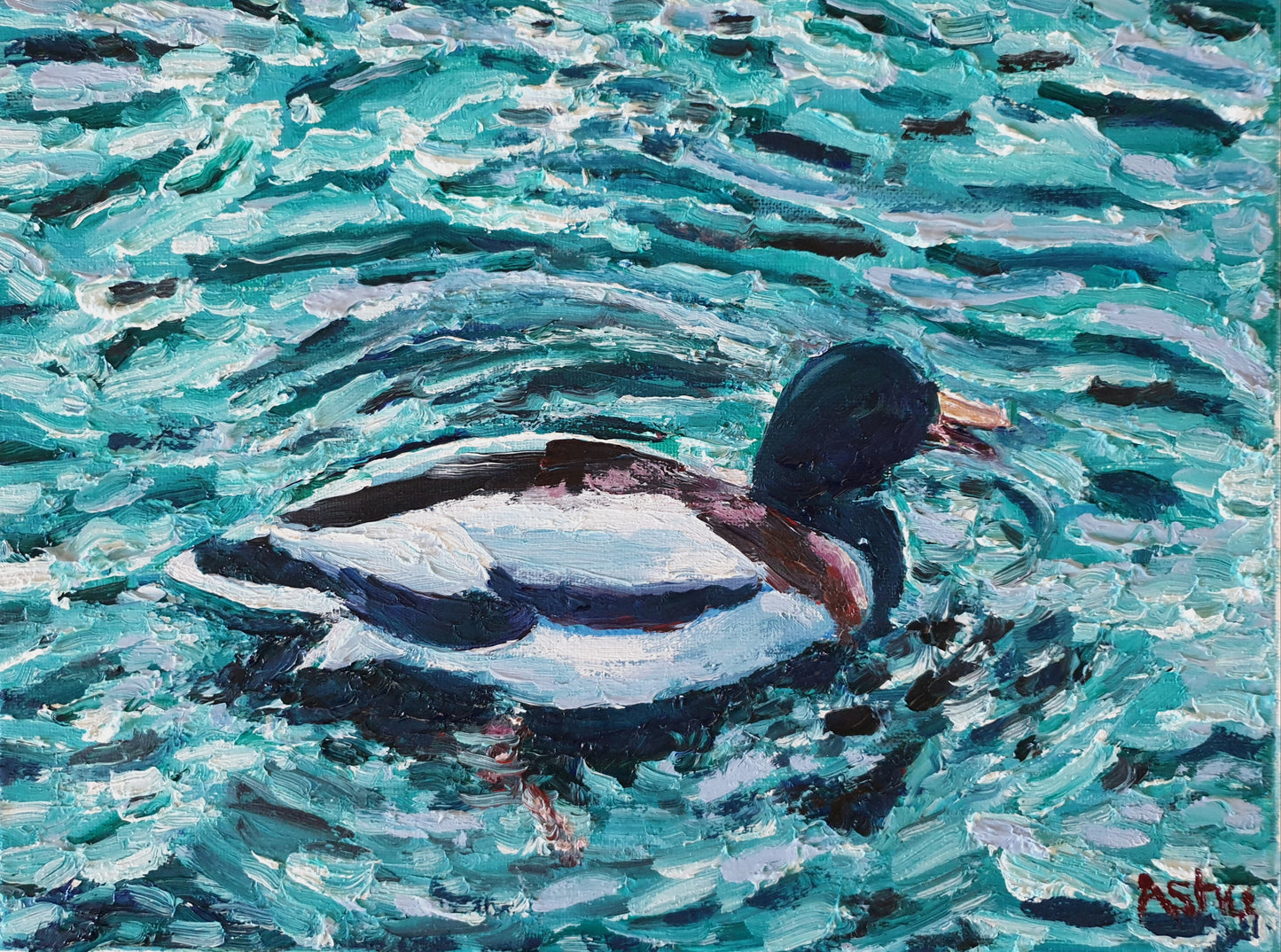 Waterscape painting of a Mallard duck wading in a pond creating ripple effects in the water under the bright sunlight