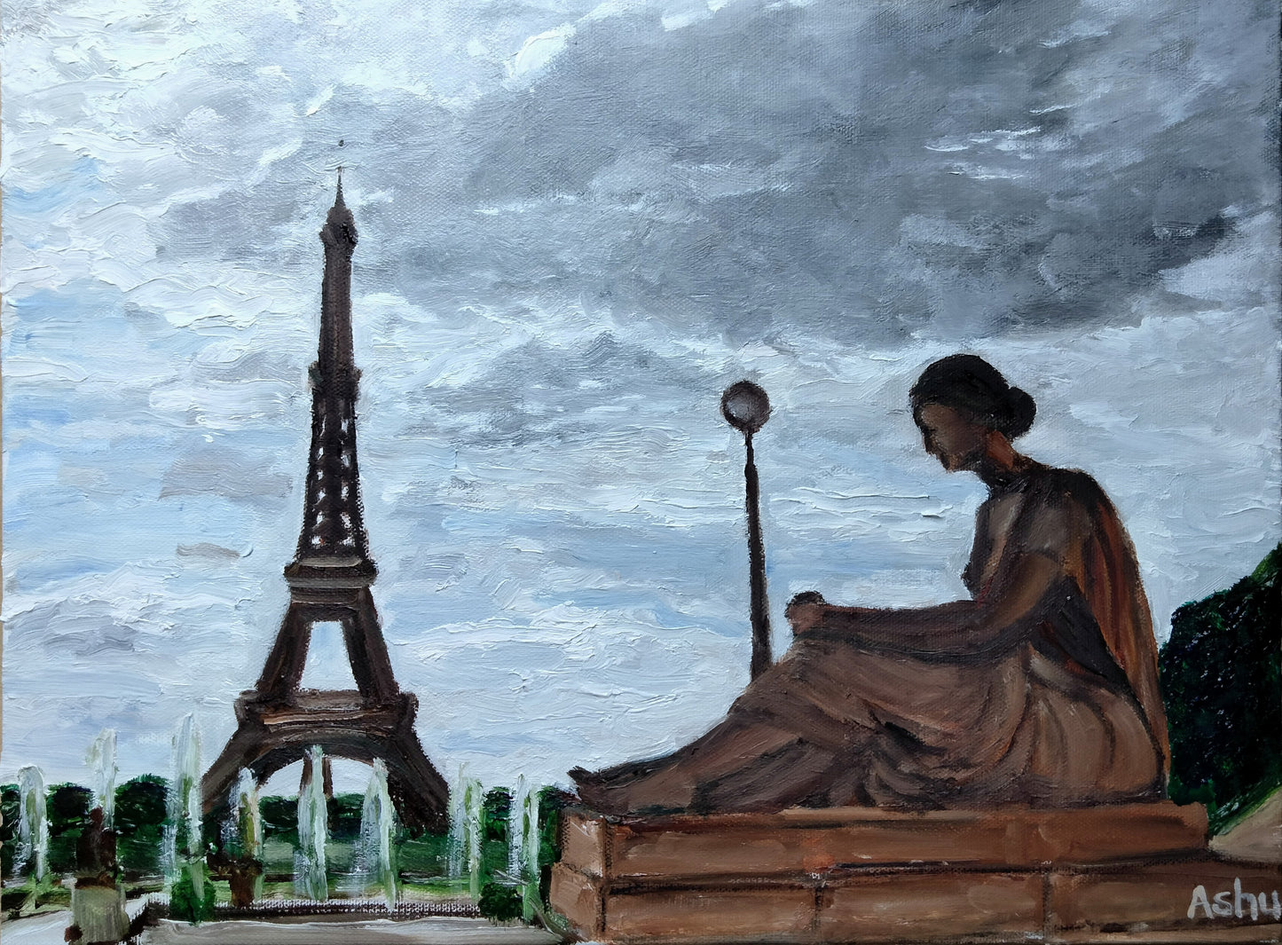 Painting of a larger than life statue of a woman overlooking the magnificent Eiffel Tower and Trocadero Gardens on a wet and cloudy autumn day in Paris