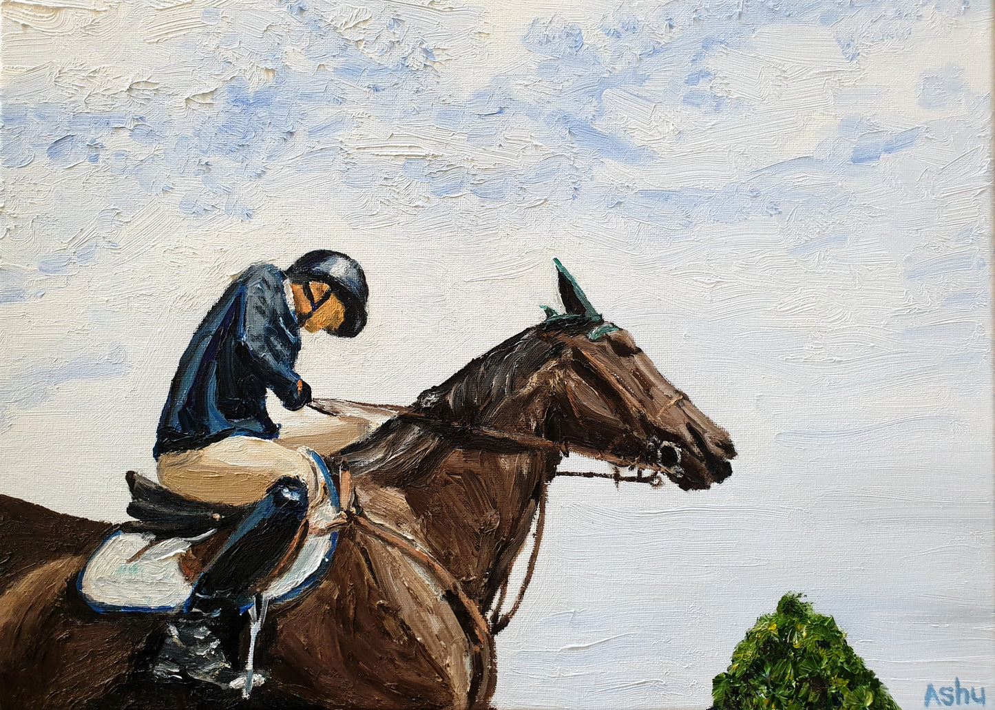 Painting of an equestrian maneuvering his horse prior to the horse show jumping competition