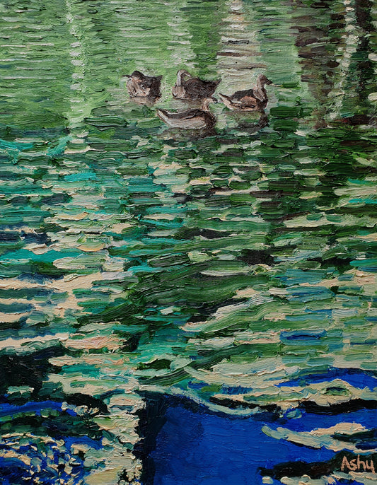 painting of a family of mallard ducks seen at a distance in the lake with the distorted reflection of surrounding trees, houses and canopies