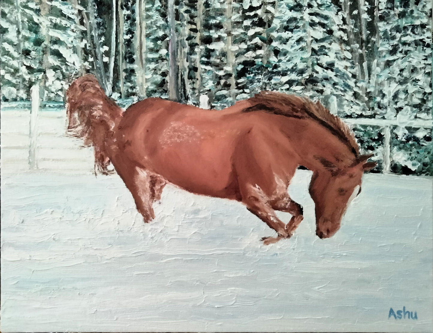 Painting of a happy chestnut #horse jumping with joy, celebrating the first winter snow in the coastal Maine, USA