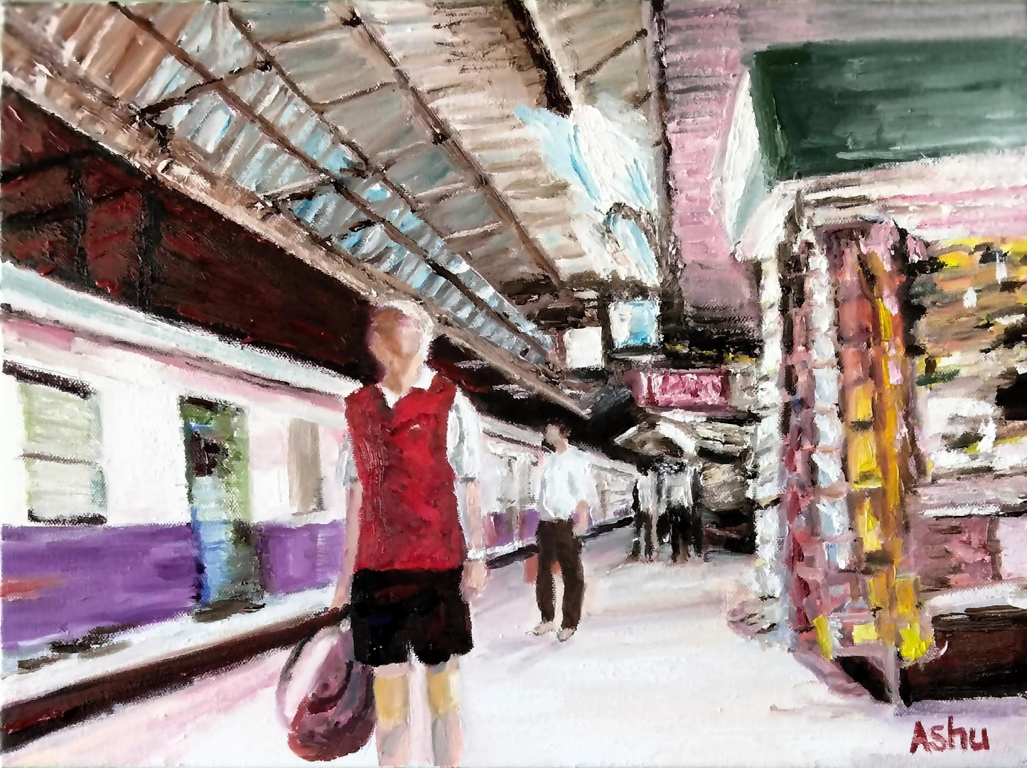 painting of a slightly hunched slim aged man in a red sweater and dark shorts holding a tennis racket and a sports bag about to board the train at the platform in a Mumbai train station