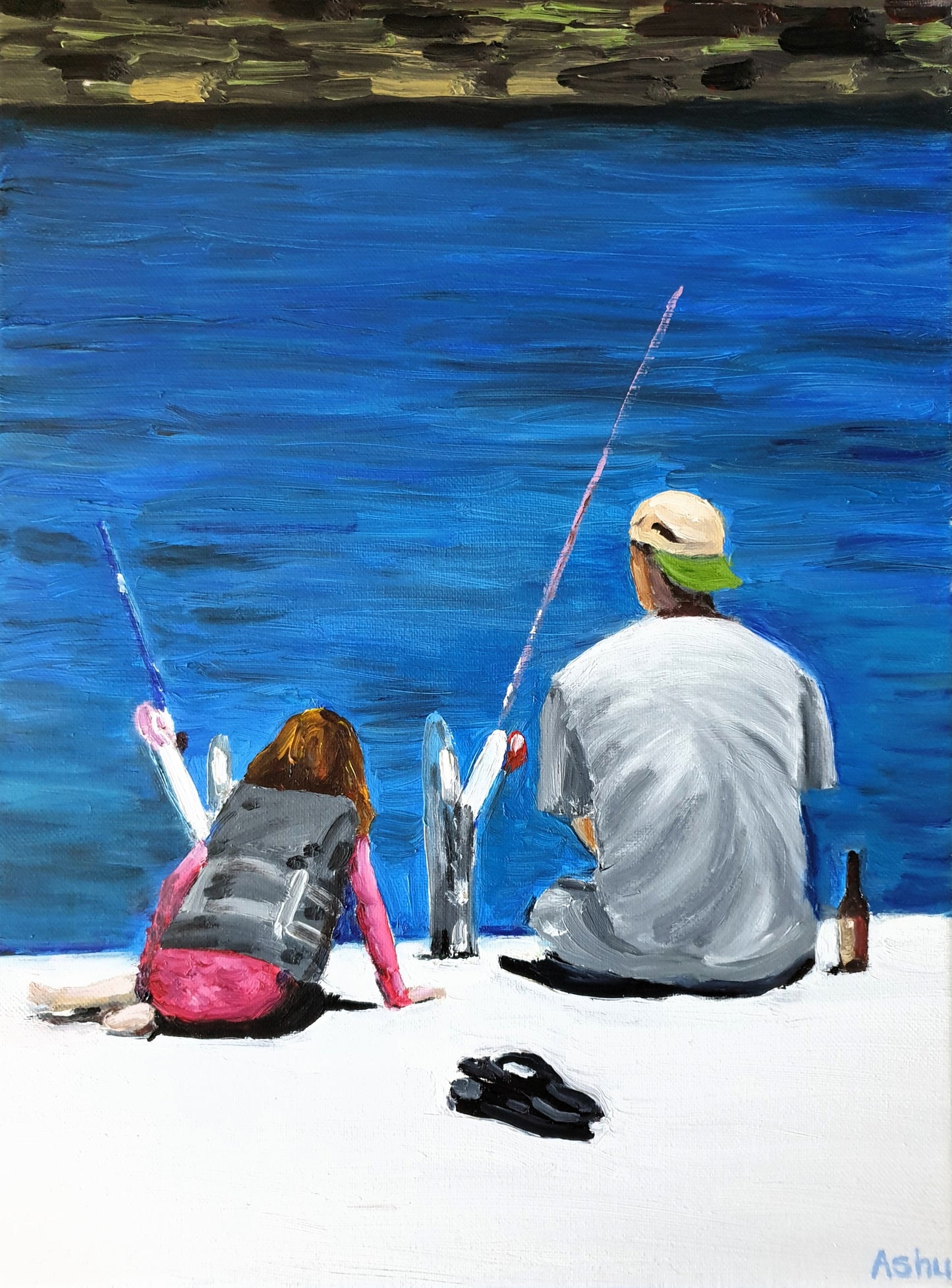 Painting of a father and daughter duo sitting patiently by the lake with fish hooks on a bright summer afternoon