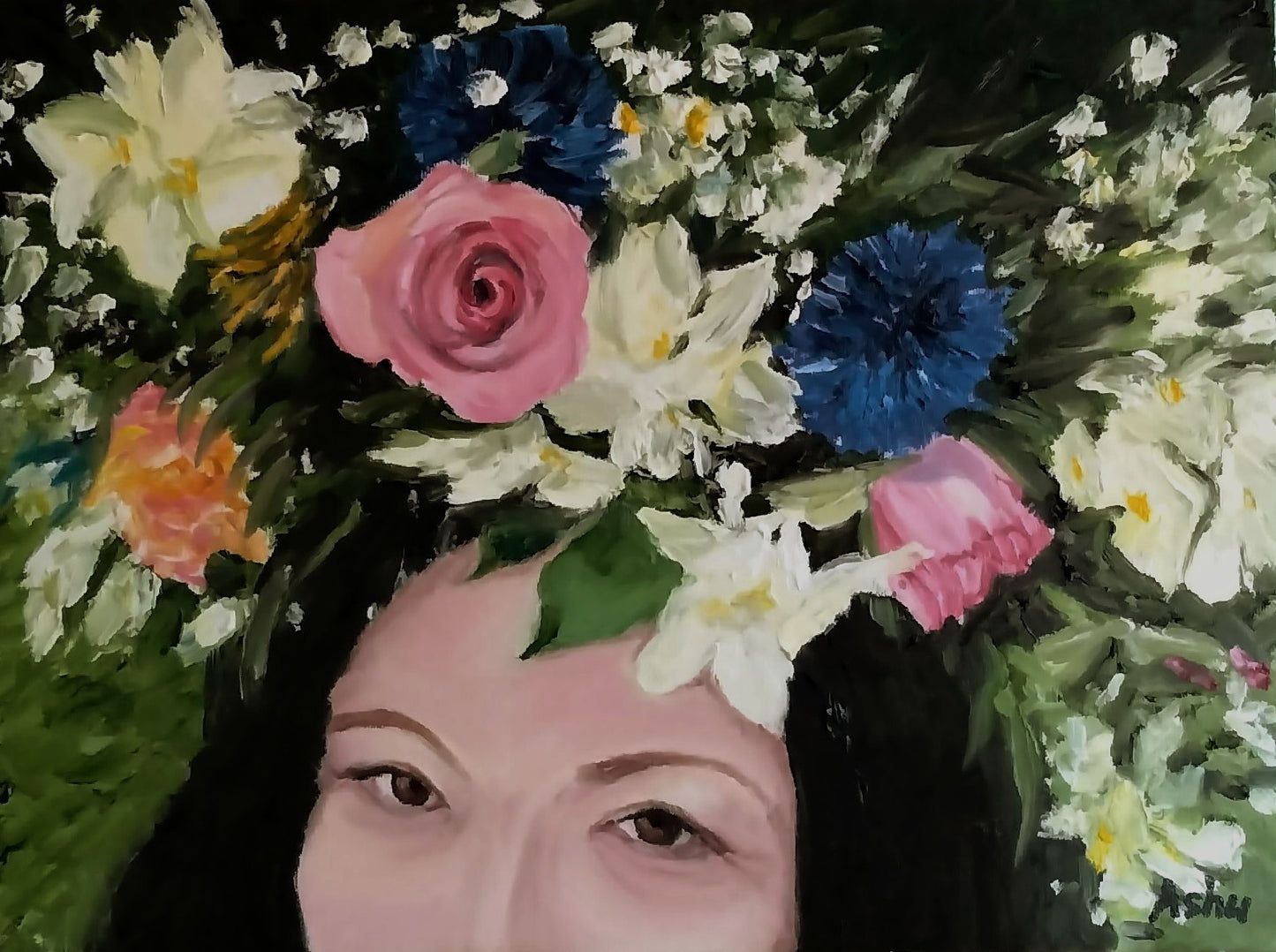 Painting of a woman, wearing a flower crown, looking cheerful and joyous
