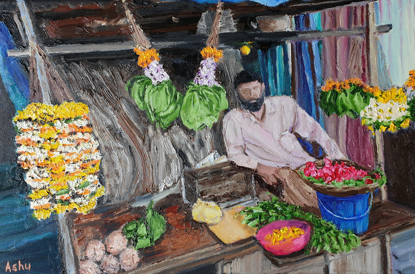 Painting of a Flower Seller of Mumbai: A brawny, bearded man sitting under the banyan tree selling marigold flowers and betel-leaf garlands