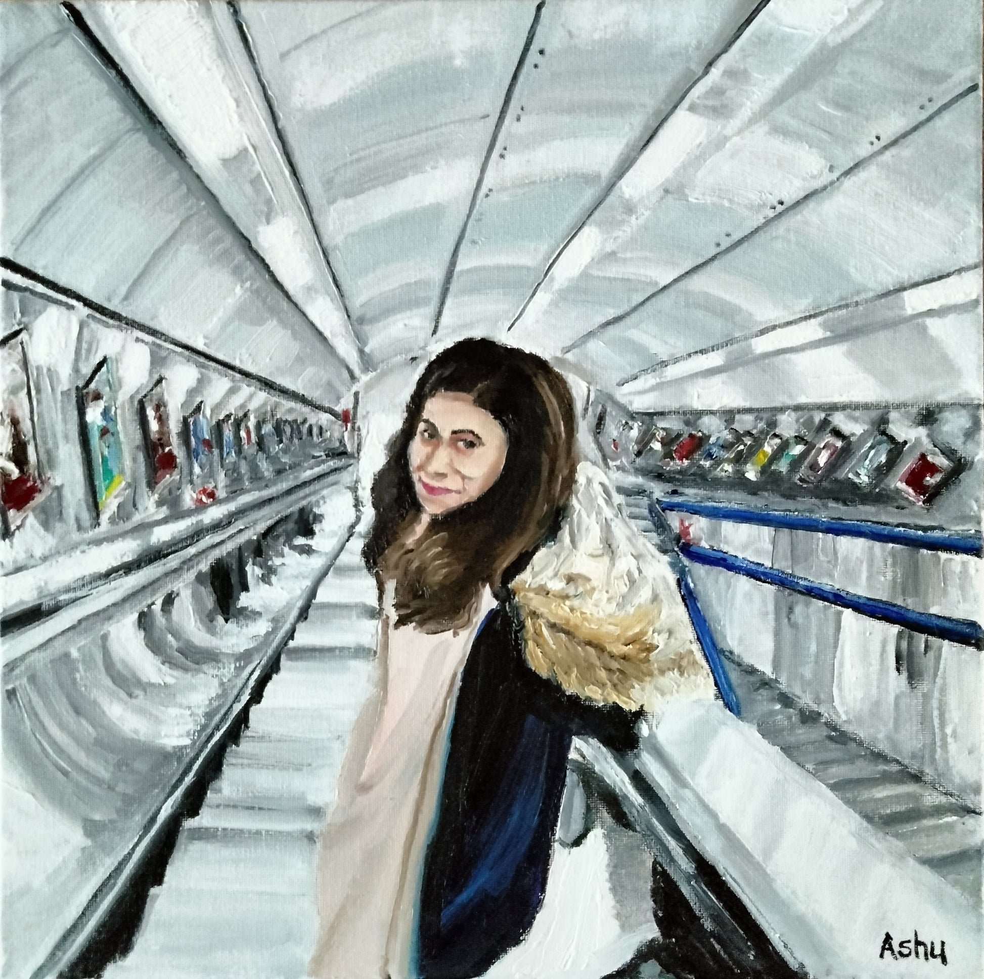 Painting of a young girl with a slight smile riding an escalator in London Underground