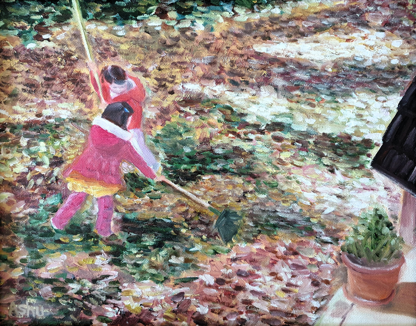Painting of two little girls raking dry autumn leaves in a large yard on a Thanksgiving weekend