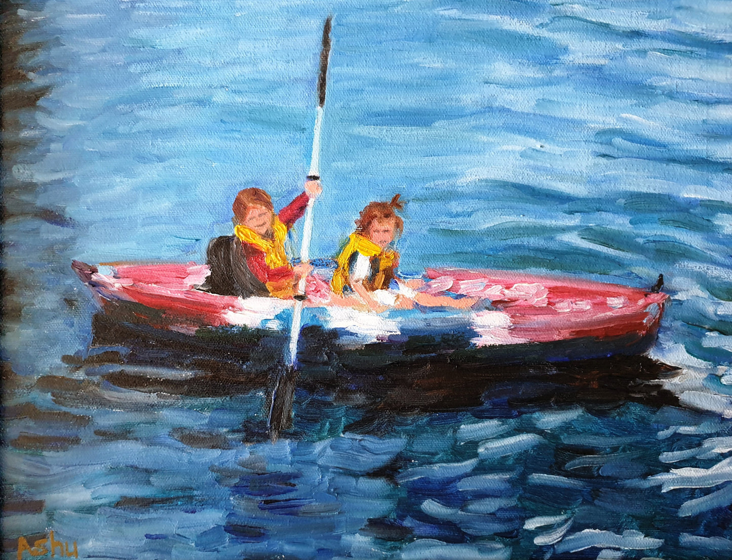 Painting of two little girls happily kayaking in the lake on a summer afternoon