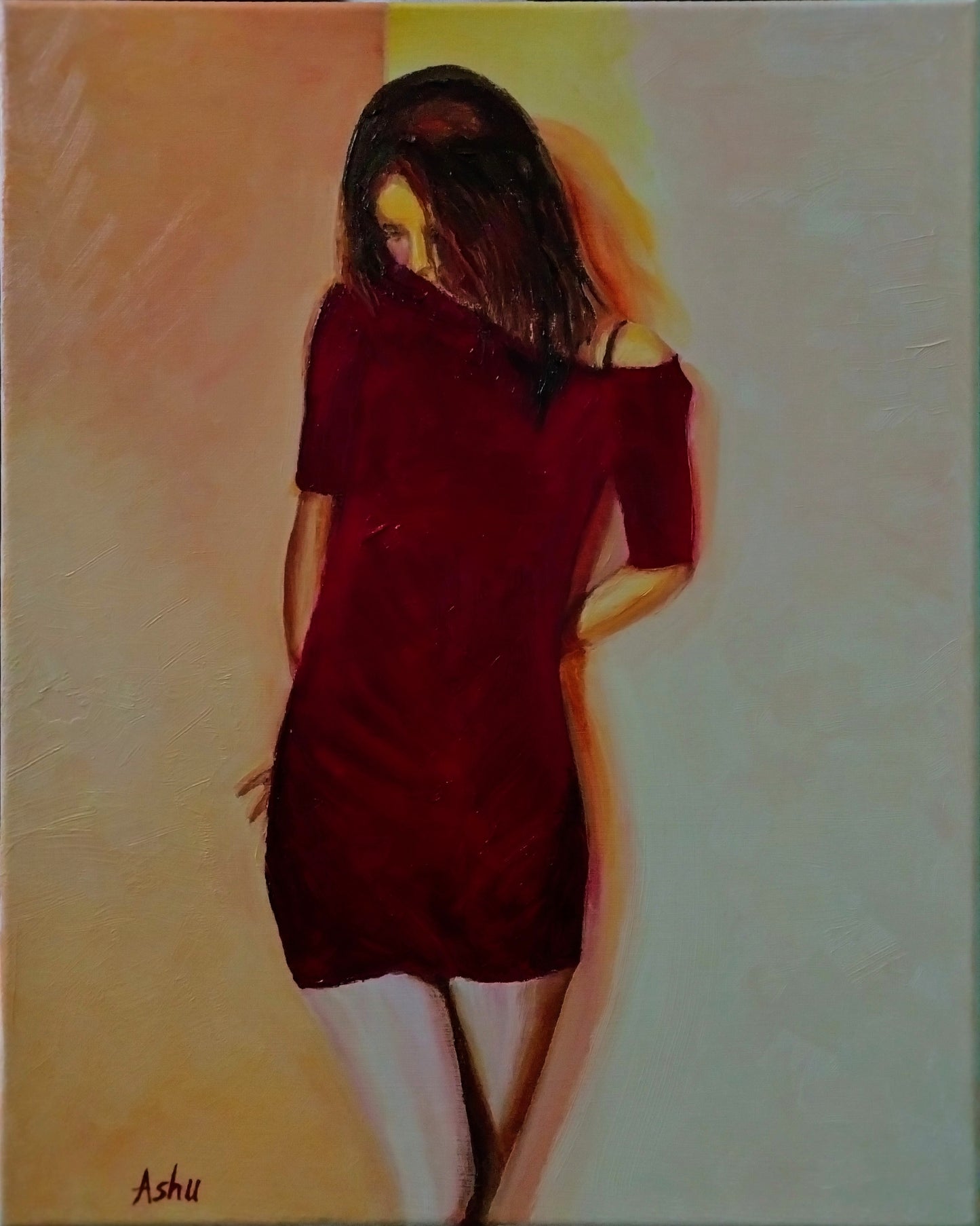 Painting of a woman in a burgundy outfit in a brightly lit room