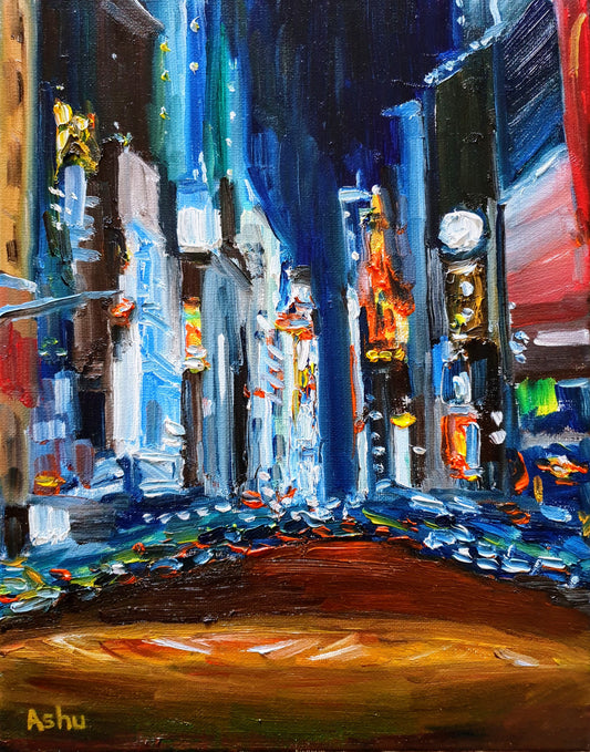 Painting a New York City night scene driving on a secluded Broadway Avenue in Times Square