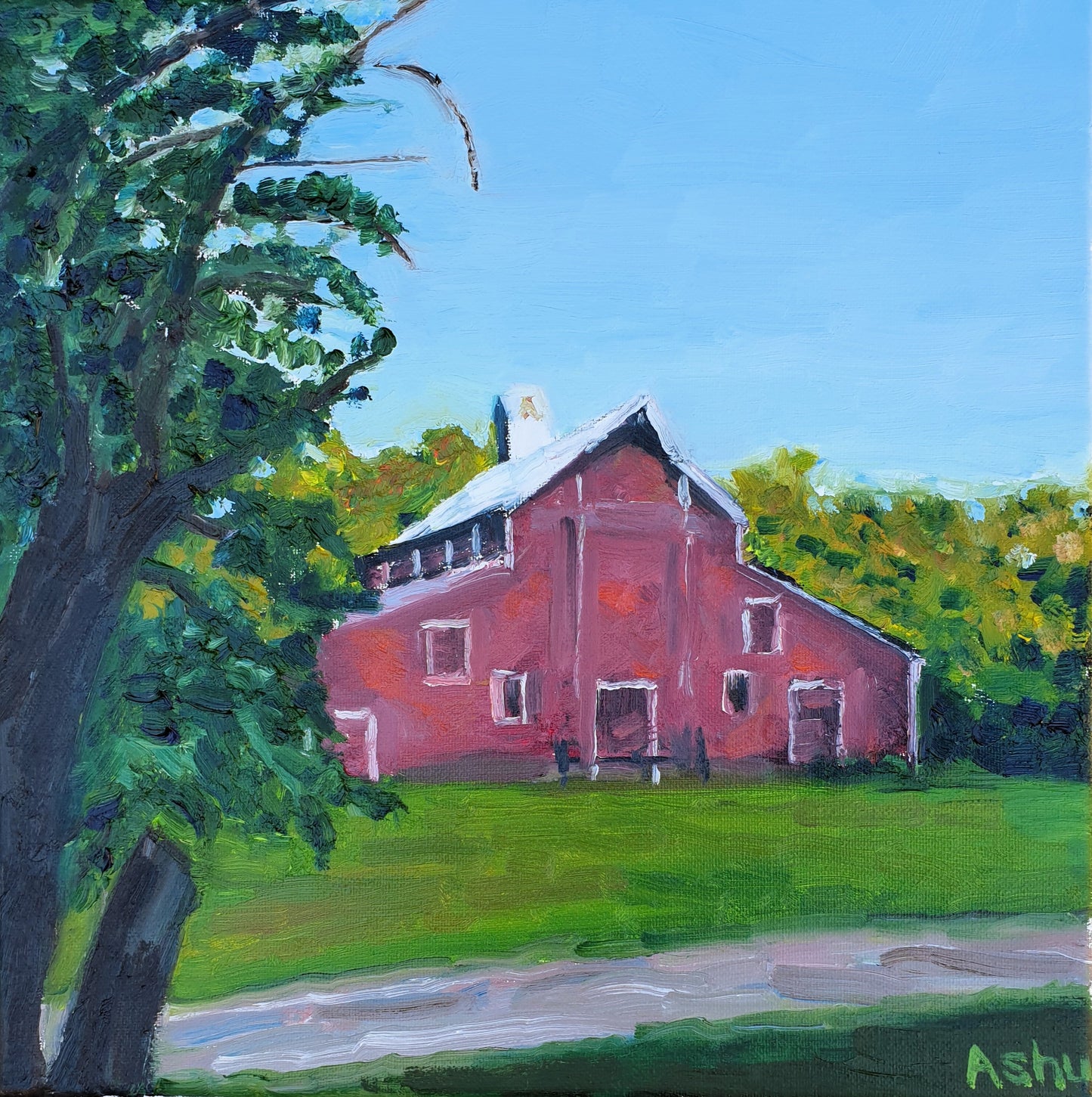Painting of a big red barn seen from a distance on a summer morning