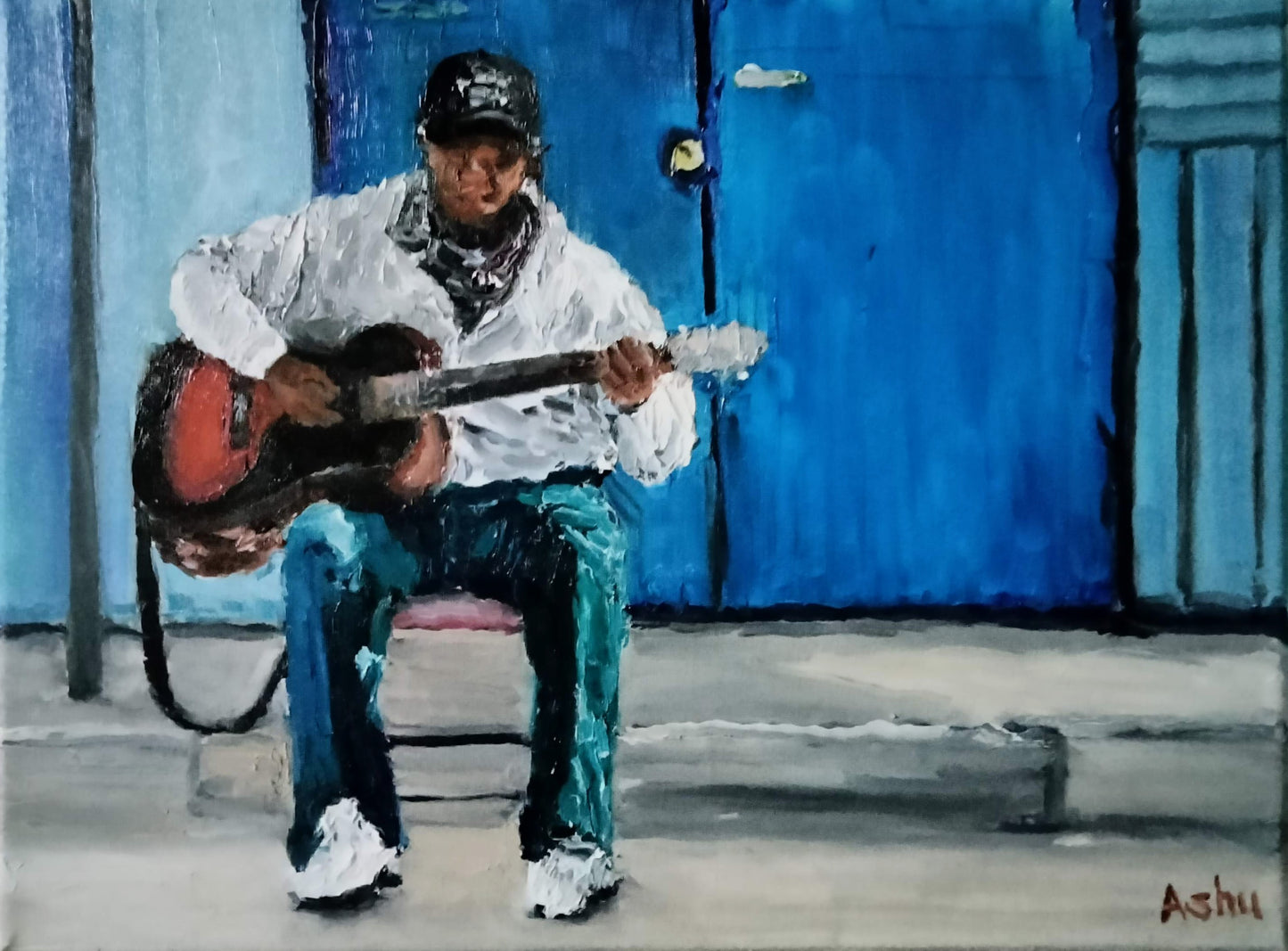 Painting of an African-American man singing the blues, playing acoustic guitar outside his store under the hot and bright afternoon sun