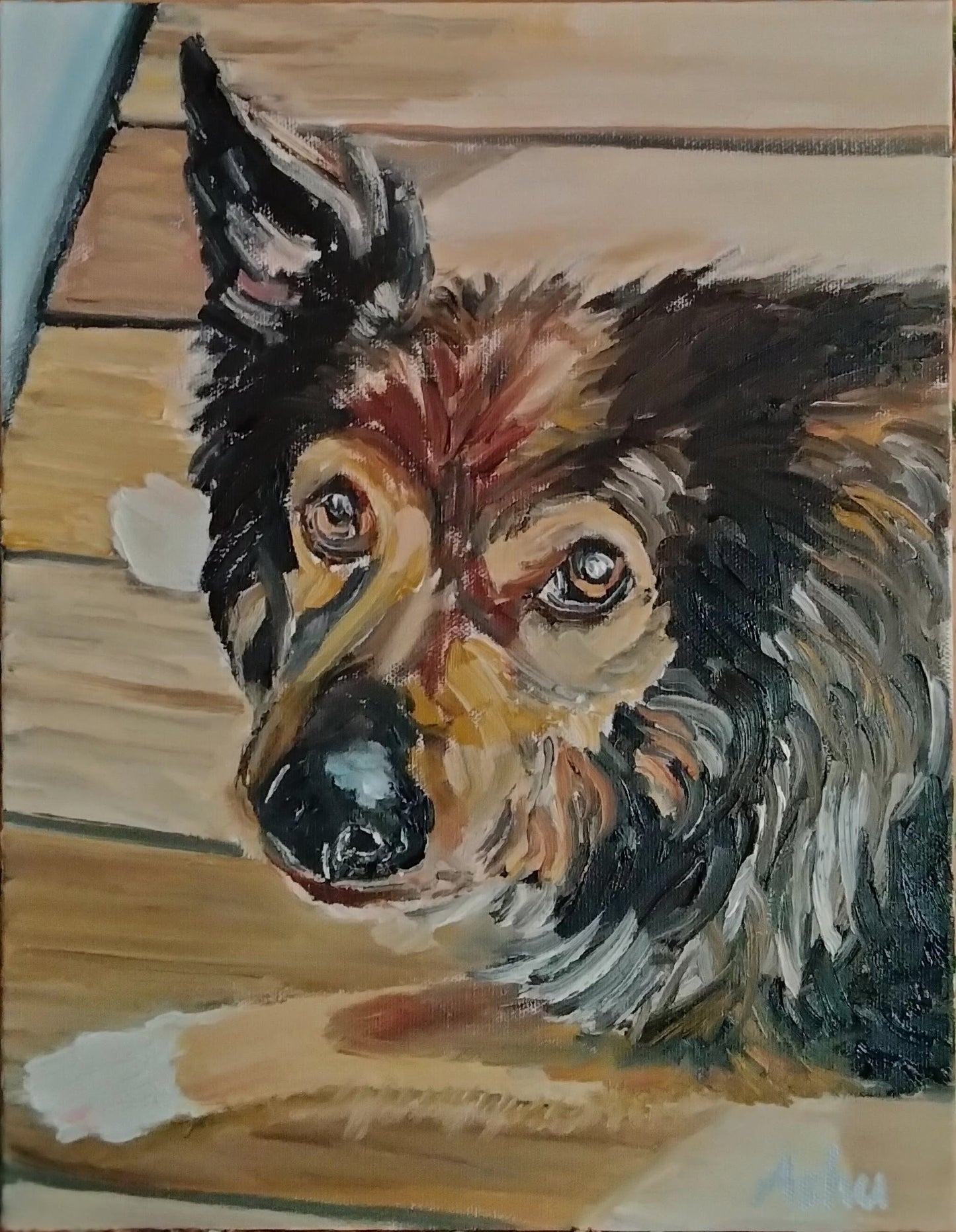 Painting of an old malamute dog gazing lovingly