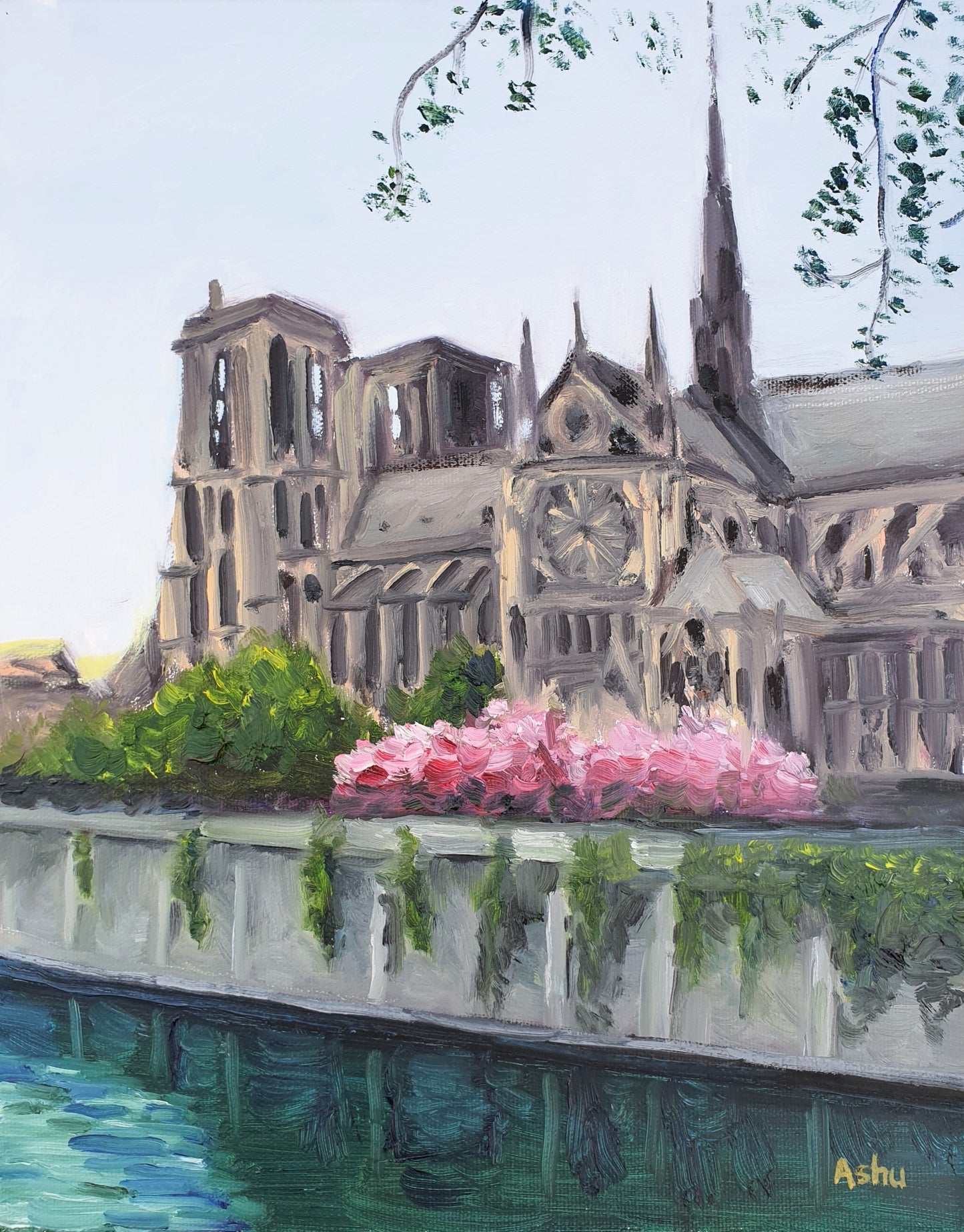 Painting of the Notre-Dame cathedral in Paris seen from the river Seine