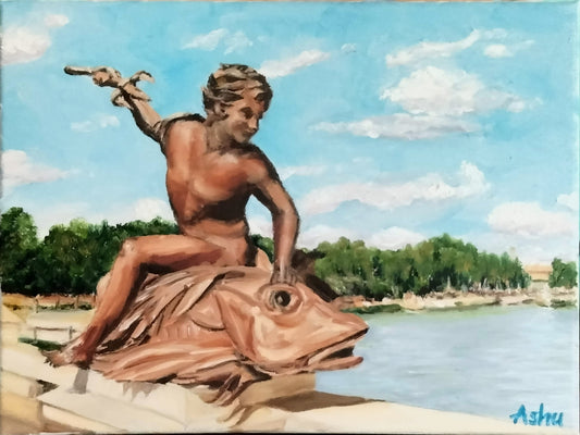 Painting of the bronze statue of a nymph sitting on a fish on the bridge of Alexander III over the Seine river in Paris
