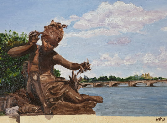 Painting of the Nymph statue on the bridge of Alexander III over the Seine river in Paris
