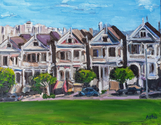 Painting of Victorian style houses in Alamo Square in San Francisco