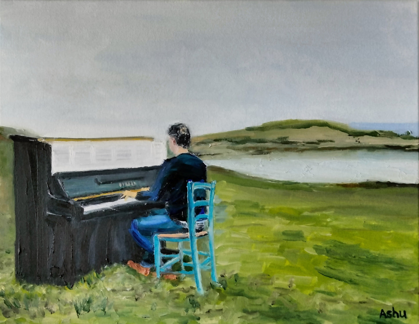 Painting of a man playing piano on a remote island
