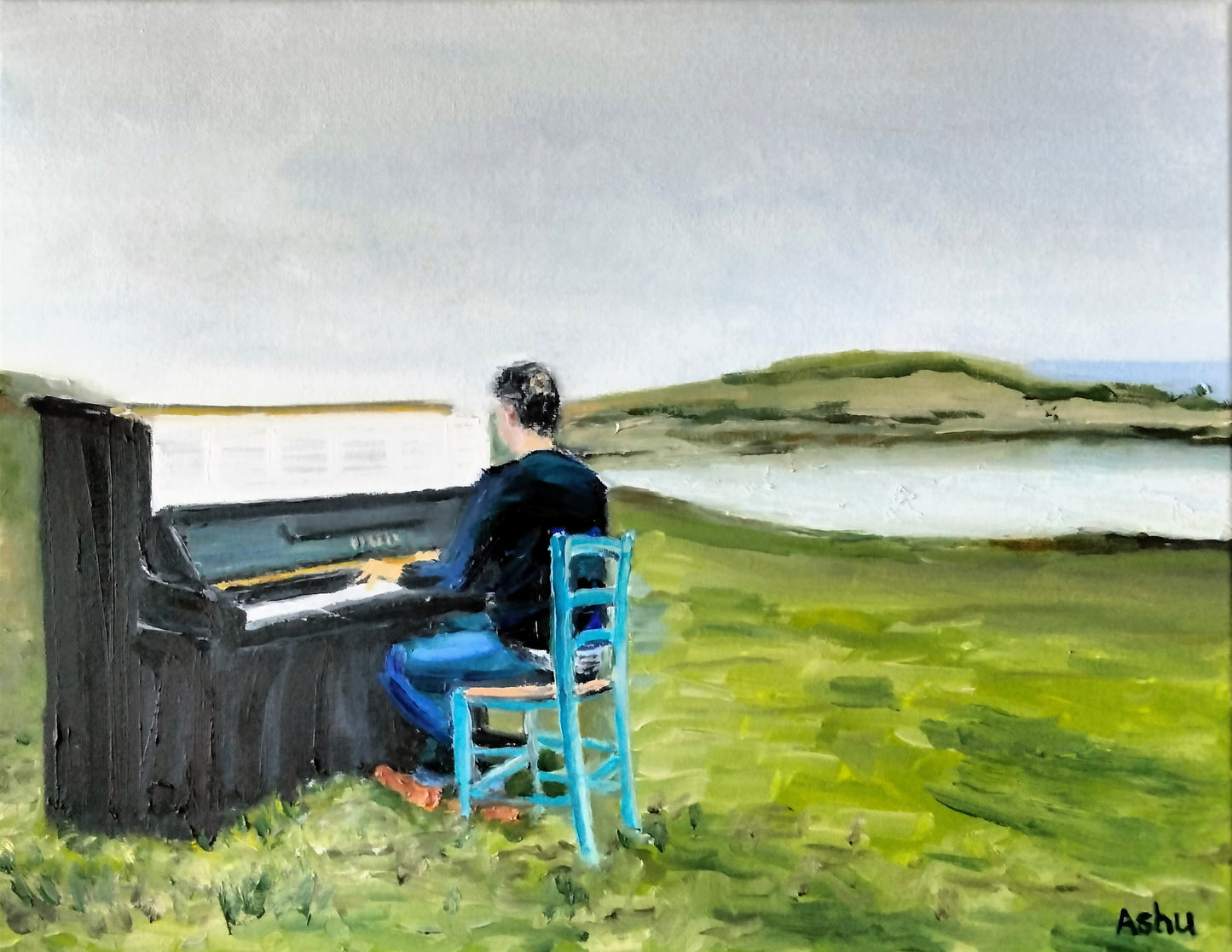 Painting of a man playing piano on a remote island