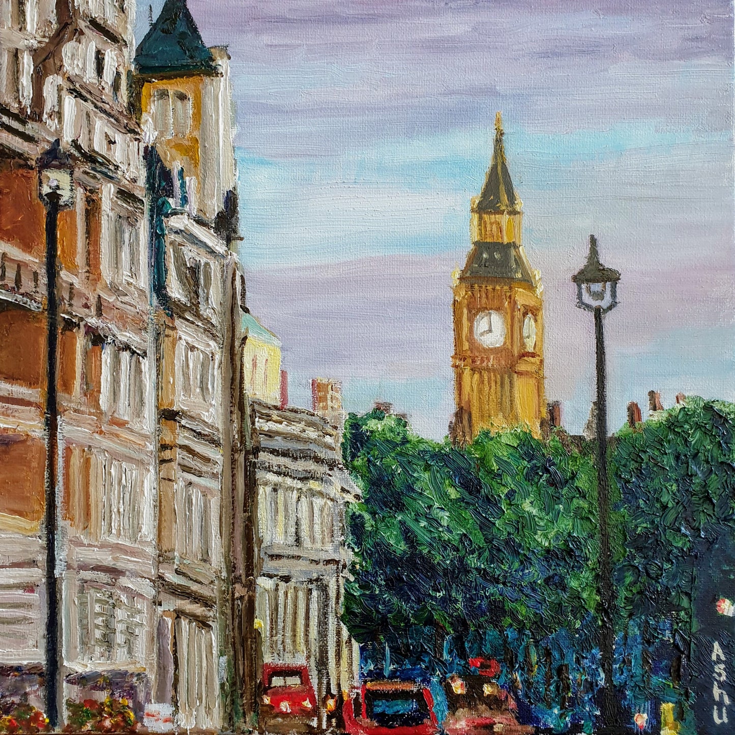 Painting of the London clock tower "Big Ben" bathed in golden light seen from Trafalgar Square just before sunset