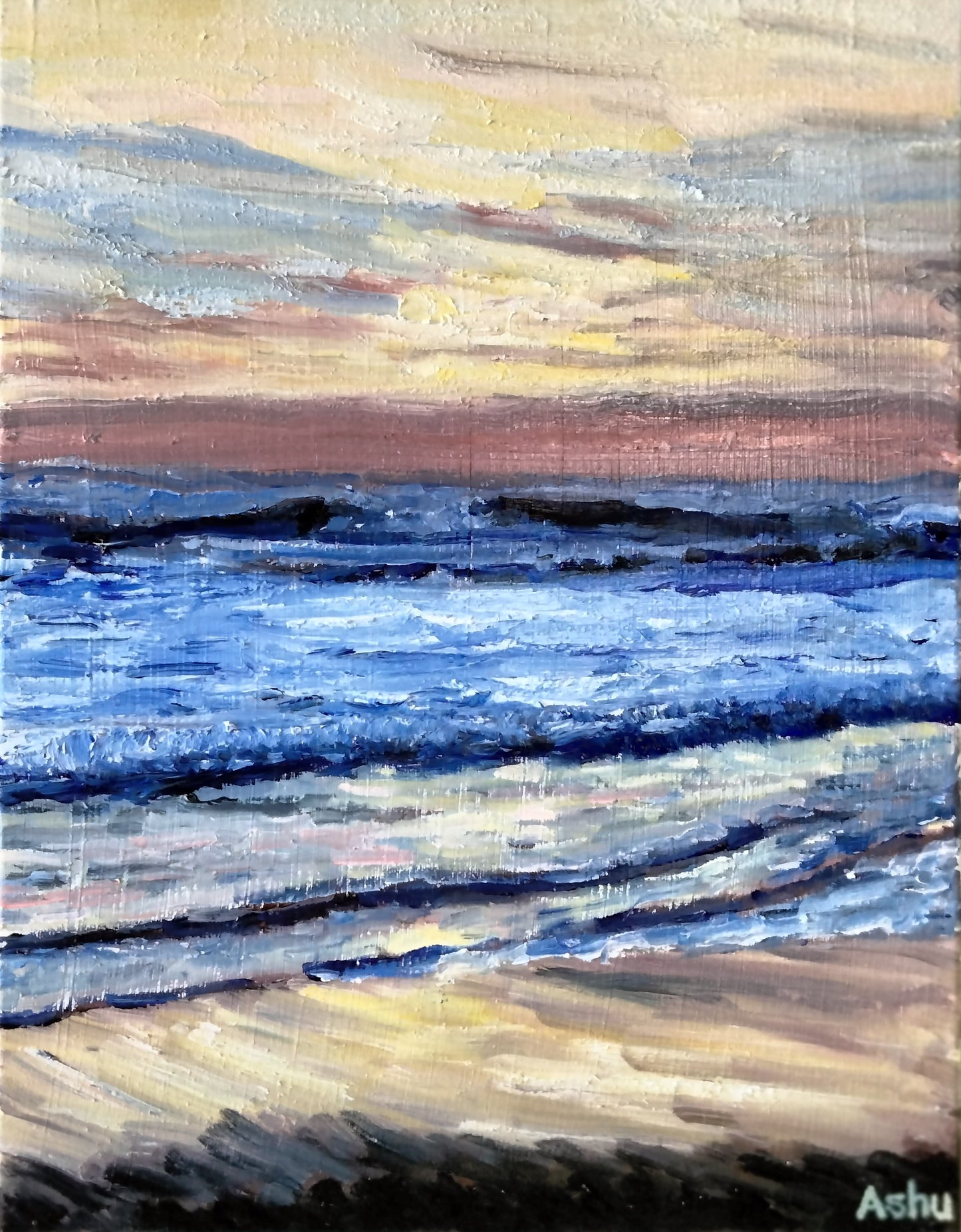 Painting of an evening scene with orange sky, deep strong blue waves at distance, and gentle surf touching the shore