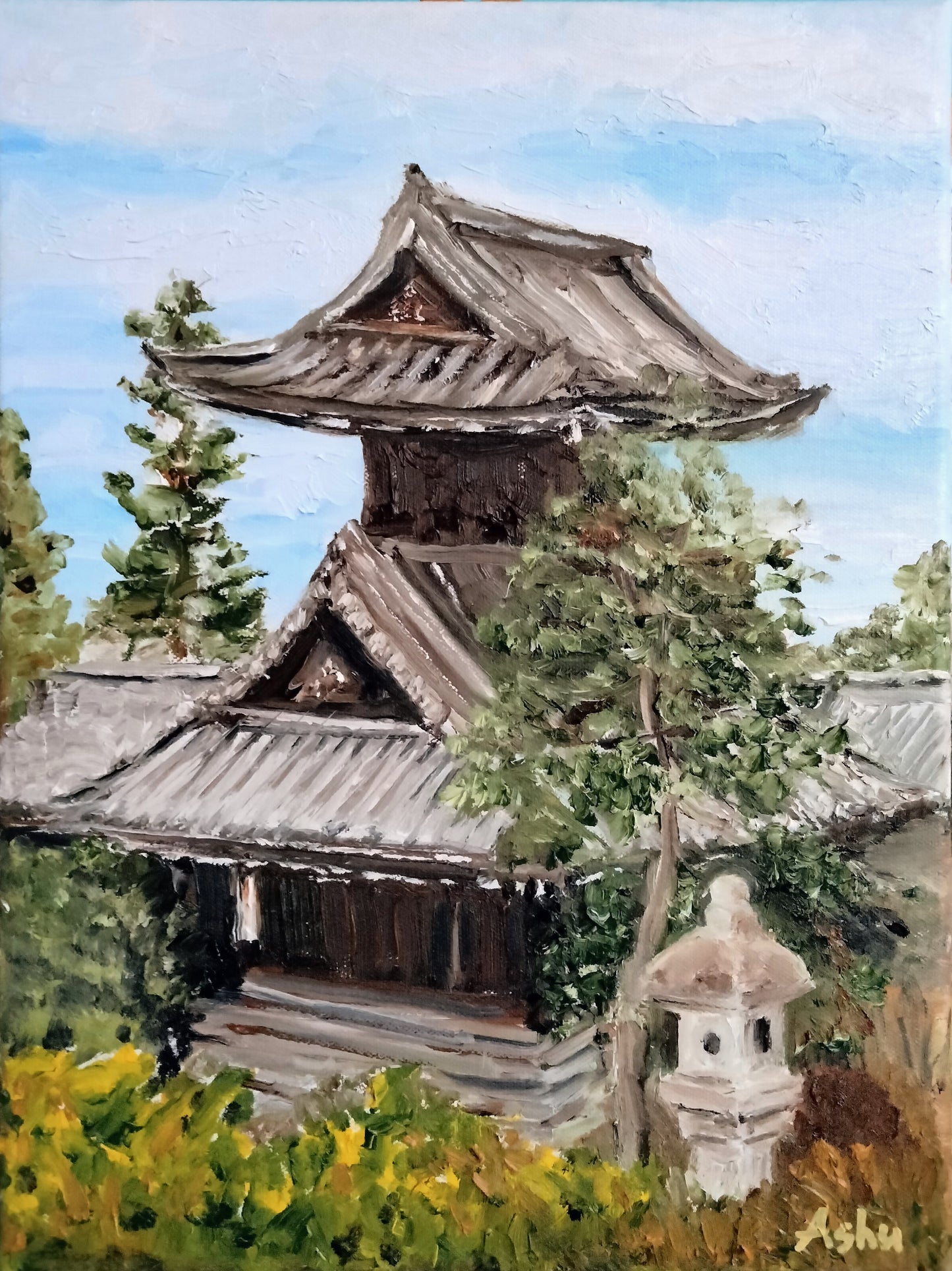 Painting of an ancient Japanese pagoda structured wooden temple in a background of blue sky with scattered clouds