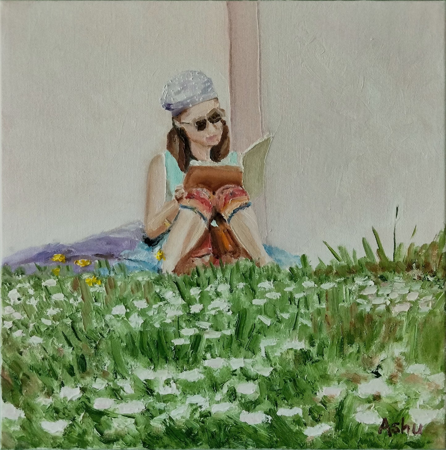 Painting of a young college girl wearing a bandana and sunglasses sitting on the campus lawns seen engrossed in reading a book