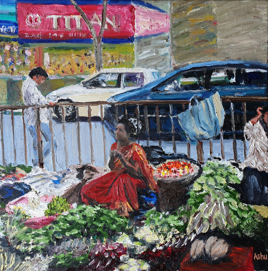 Painting of a woman selling vegetables on the sidewalk market by a busy street in Mumbai