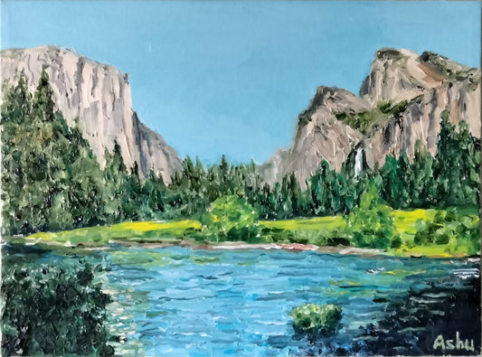 Painting of Yosemite Valley with turquoise blue still water surrounded by high granite summits densely forested with pine trees