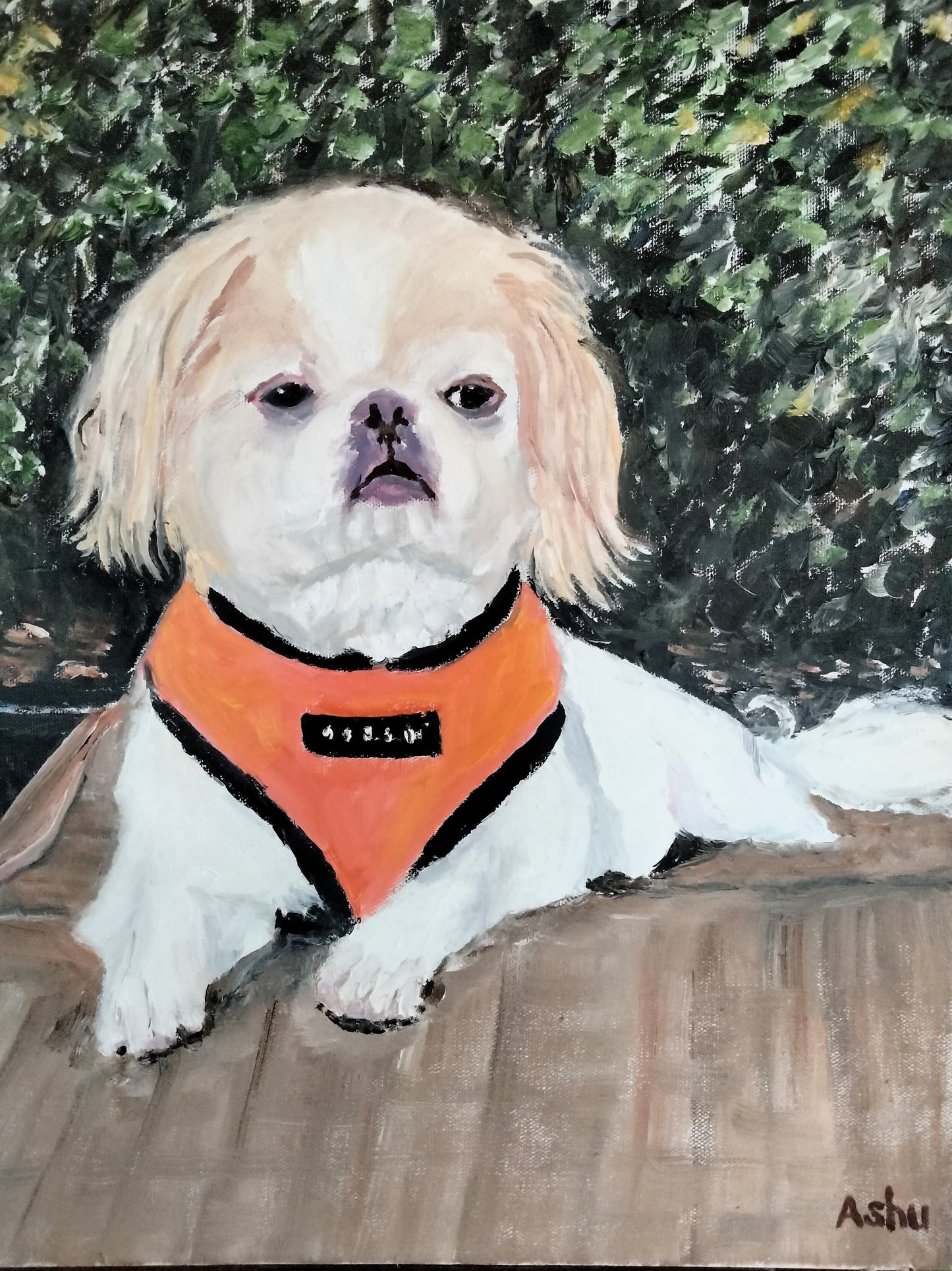 Painting of a Japanese-Chin dog sitting comfortably on a cushion with green bushes in the background