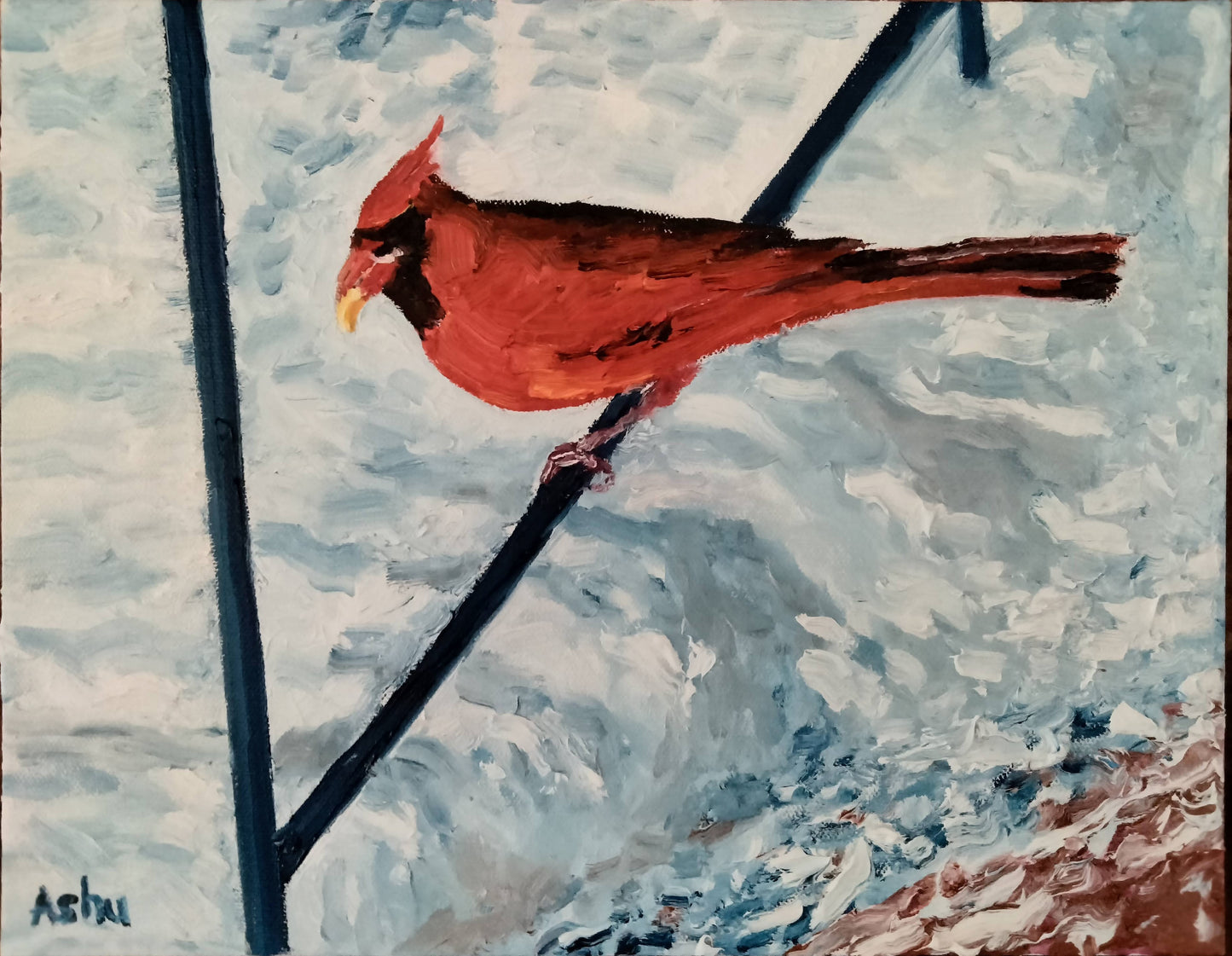 Painting of a red cardinal bird perched on a branch against a snowy background.