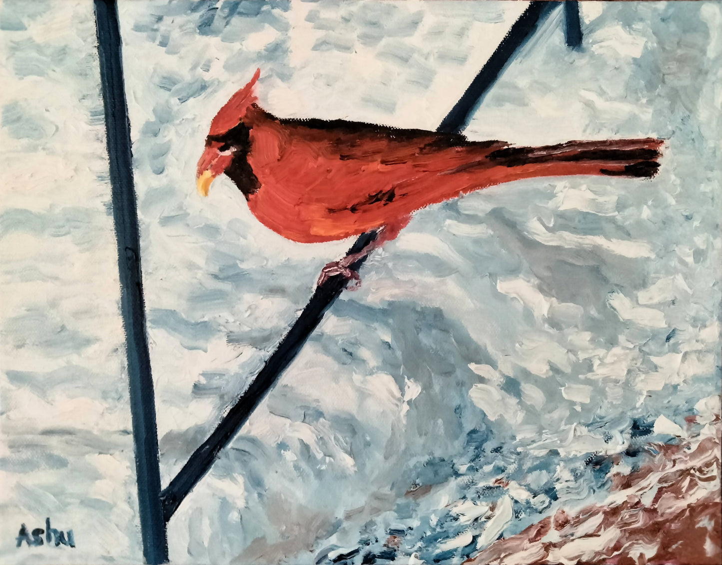 Painting of a red cardinal bird perched on a branch against a snowy background.