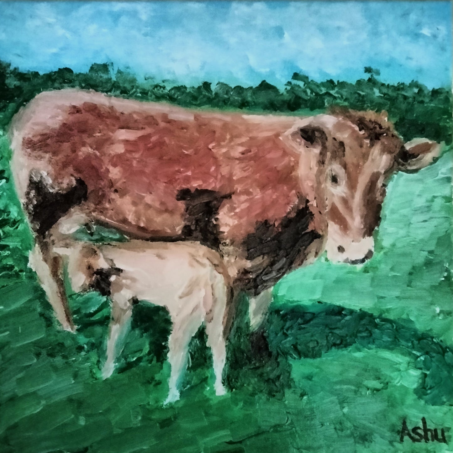 Painting of a cow and a calf standing on green ground with a blue sky background