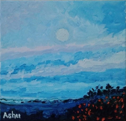 Landscape painting of deep blue early morning sky, well before sunrise with layers of fluffy clouds and the fading full moon still in the sky. A distant view of the farm fields and and up-close view of thick wildflower bushes.