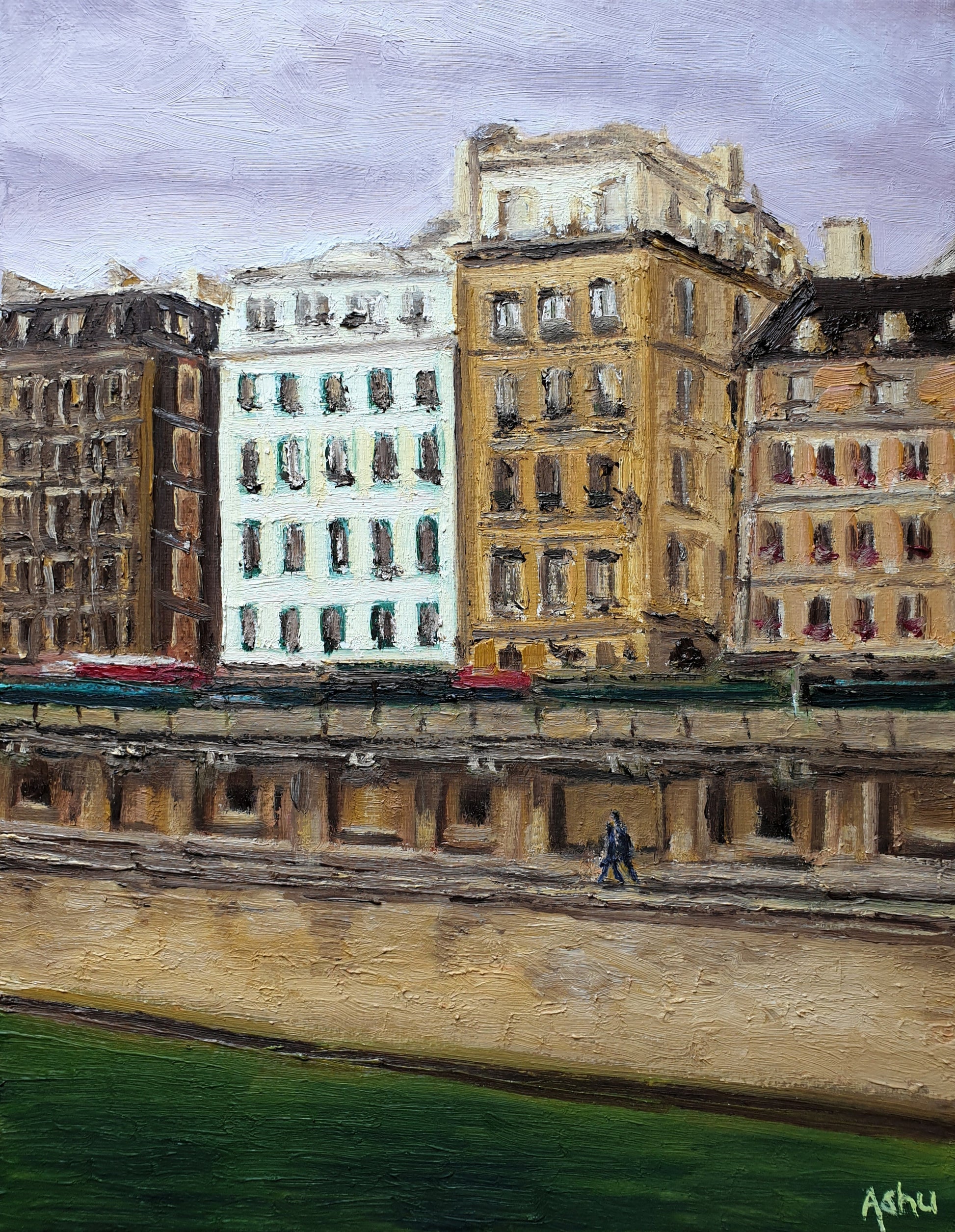 Painting of Paris apartment buildings along the bank of the Seine
