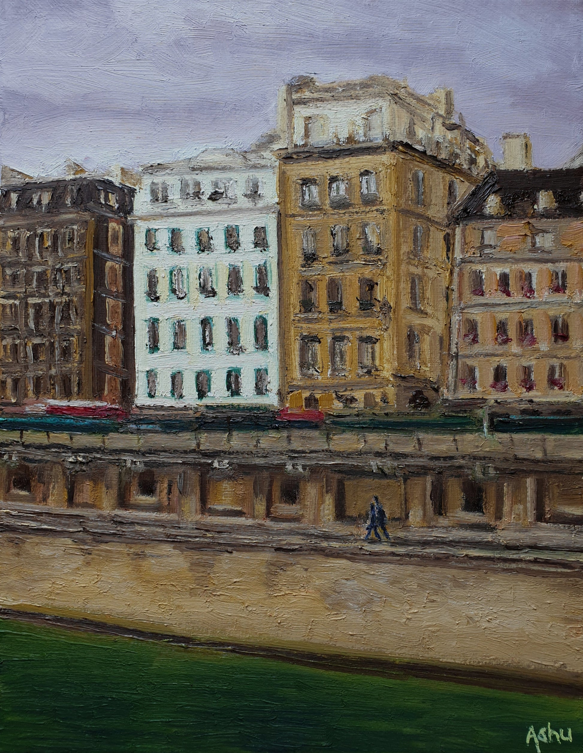 Painting of Paris apartment buildings along the bank of the Seine