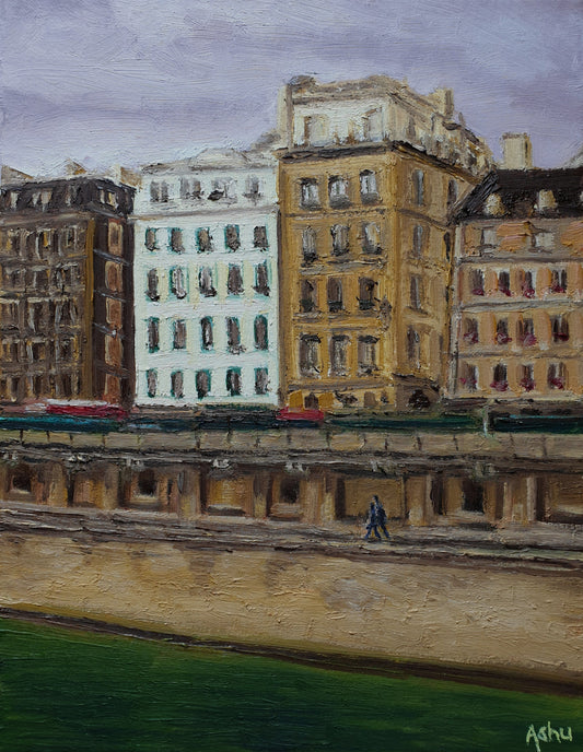 Painting of Paris apartment buildings along the bank of the Seine