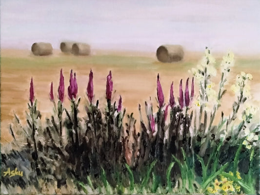 Landscape painting of a field with foxglove flowers and hay bales under a foggy sky