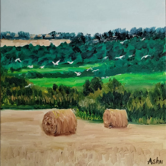 Painting of wide farm field of Ireland with large bales of hale sitting atop the field of dry grass